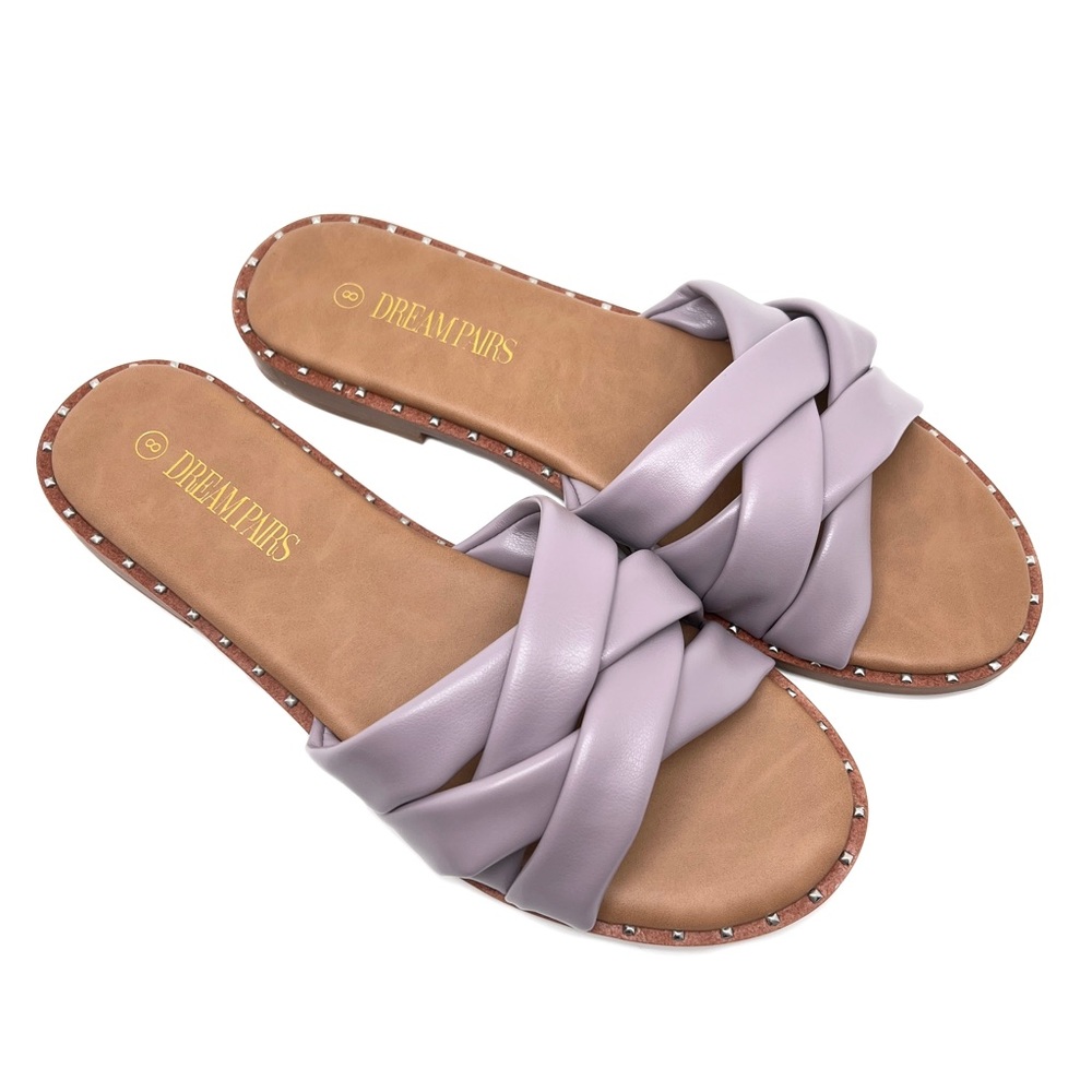 Dream Pairs Slides Slip On Studded Flat Sandals Taro Purple Size 8 - Picture 2 of 12